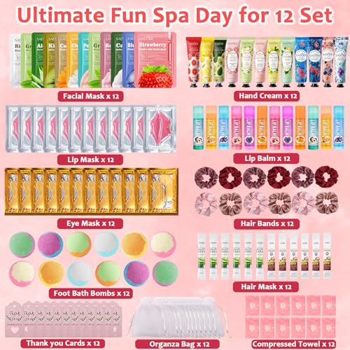 132PCS Spa Party Supplies for Women, Spa Party Favors Include Face Masks, Hand Cream, Lip Balm, Under Eye Patches, Lip Mask, Foot Bath Bombs, Hair Band, Spa Birthday Sleepover Party Supplies for Girls