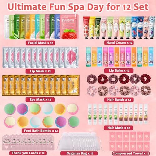 132PCS Spa Party Supplies for Women, Spa Party Favors Include Face Masks, Hand Cream, Lip Balm, Under Eye Patches, Lip Mask, Foot Bath Bombs, Hair Band, Spa Birthday Sleepover Party Supplies for Girls