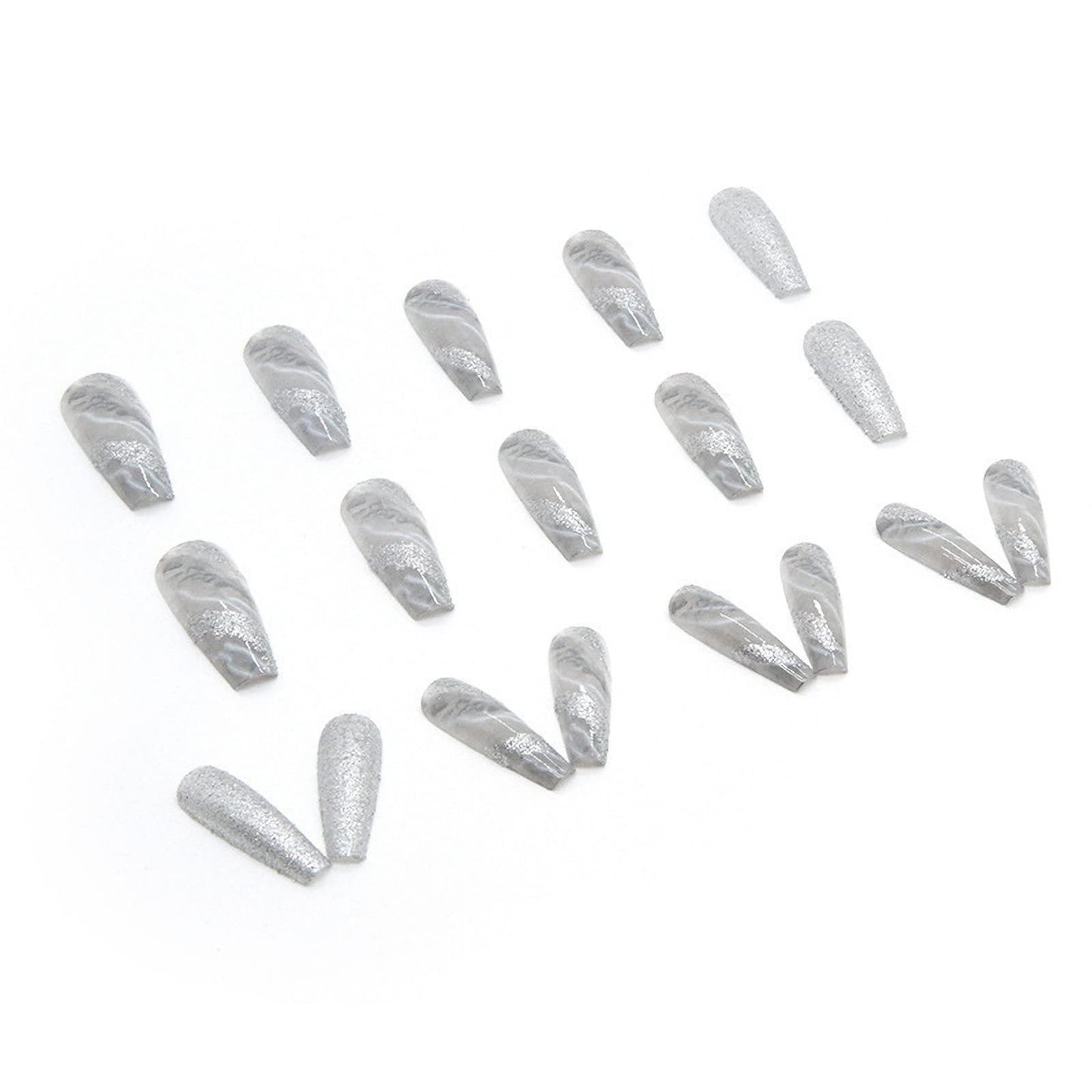 MISUD 24 pcs Coffin Press on Nails Long Fake Nails Ballerina Acrylic Nails Bling Artificial Nails Glossy Glue on Nails Grey Marble False Nails with Luxury Sparkly Glitter Design