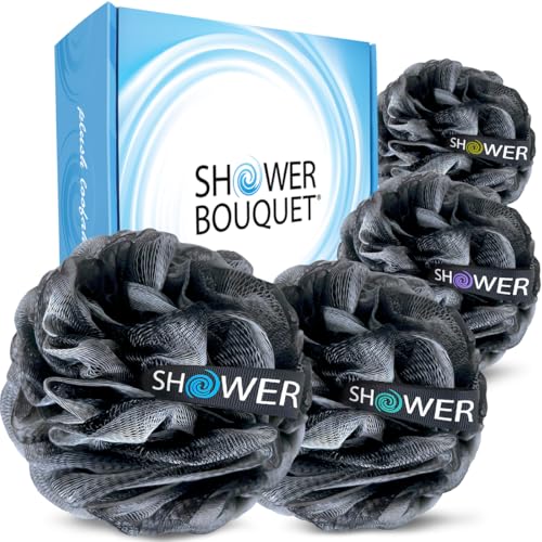 SHOWER BOUQUET Charcoal-Loofah XL 4-Pack & Japanese-Exfoliating-Washcloth 2-Pack for Back & Body // 4 Extra Large Bath Sponges Plus Silver Ion Infused Exfoliating Towel with Handles, 2 Charcoal White