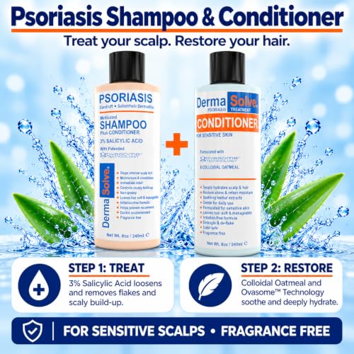 DermaSolve Medicated Scalp Shampoo & Conditioner Set for Psoriasis, Dandruff, Flaky Scalp - 8oz Pack of 2