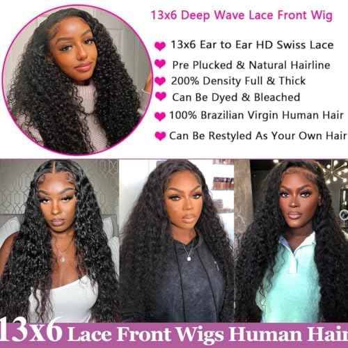 13x6 Deep Wave Lace Front Wigs Human Hair 220 Density HD Transparent Pre Plucked Deep Curly Frontal Wigs Human Hair for Women Natural Black 24 Inch