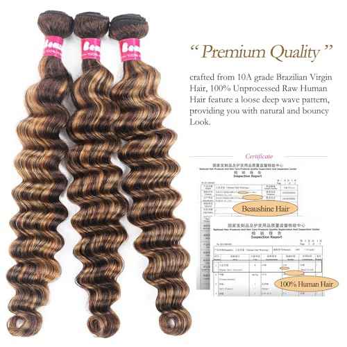P4/27 Human Hair Bundles Loose Deep Wave Ombr? Highlighted Bundle with Closure-18,20,22+18inch, 10A Brazilian Loose Wave Raw Bundles Human Hair with 4x4 Lace Closure Honey Blonde Brown Color