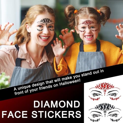 Red and Black Rhinestone Face Gems ? Self-Adhesive Crystal Tattoo Stickers for Halloween, Day of the Dead, Carnival, Party, Festival Makeup ? Eye, Body, Face Jewels for Women Girls-2 Sheets