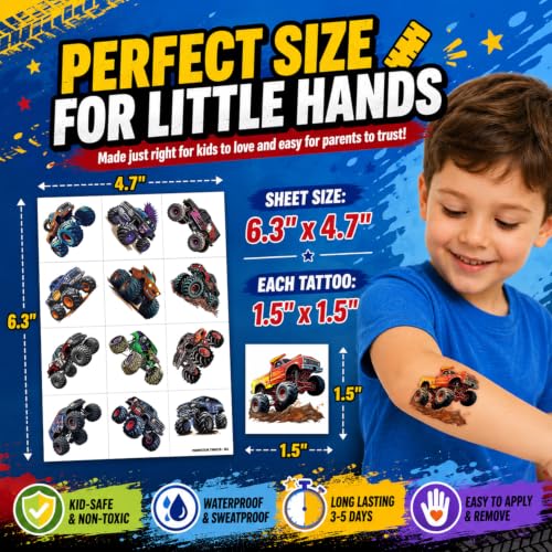 Monster Truck Temporary Tattoos - 120 PCS Pre-Cut Kids Party Favors