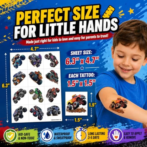120 PCS Monster Truck Temporary Tattoos for Kids - Party Favors