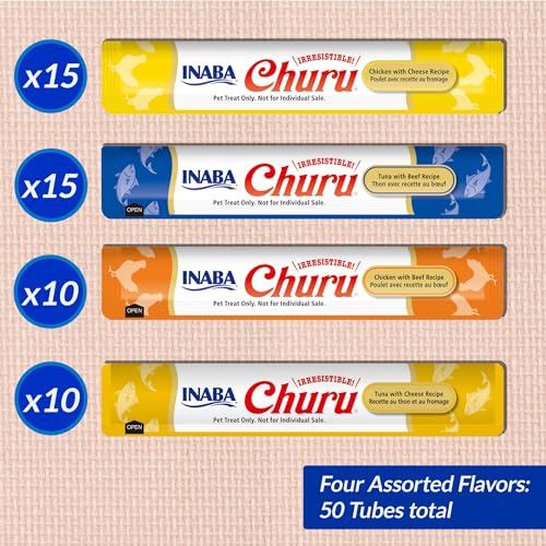 INABA Churu Cat Treats, Grain-Free, Lickable, Squeezable Creamy Purée Cat Treat/Topper with Vitamin E & Taurine, 0.5 Ounces Each Tube, 24 Tubes (4 per Pack), Chicken with Scallop Recipe