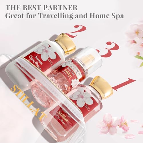 Bath and Body Care Gift Sets, Cherry Blossom Spa Shower Travel Set for Teenager and Her, Including Body Wash, Body Lotion and Fragrance Body Mist, for Birthday Anniversary Wedding Christmas New Year