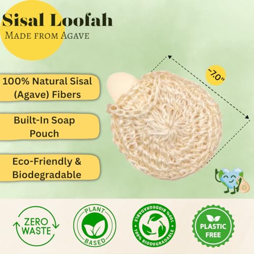 Natural Handwoven Sisal Loofah Body Scrubber - Organic Shower Sponge Made from Premium Agave Fibers - Arabic-Turkish Style with Bar Soap Pouch - Natural Body Scrubber for Men & Women (3-Pack)