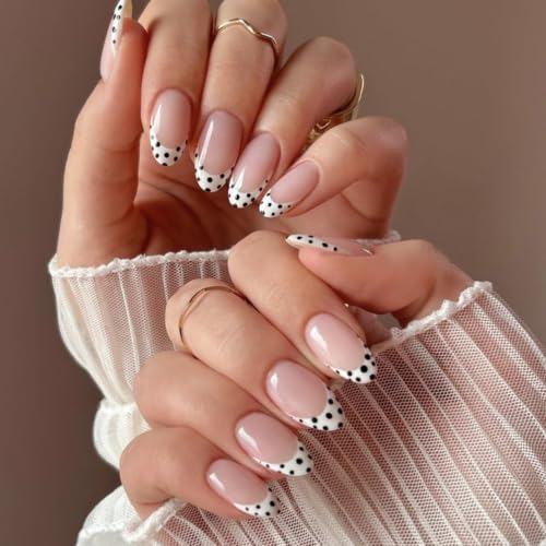 Medium Almond Press On Nails - Nude Pink French Tip with Polka Dots