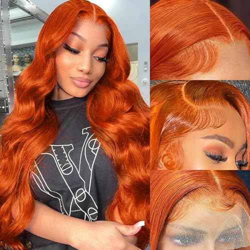 32 Inch Ginger Lace Front Wigs Human Hair Body Wave Wigs 13x4 HD Transparent Lace Frontal Glueless Ginger Orange Wigs Human Hair 180% Density Orange Wig Pre Plucked With Baby Hair