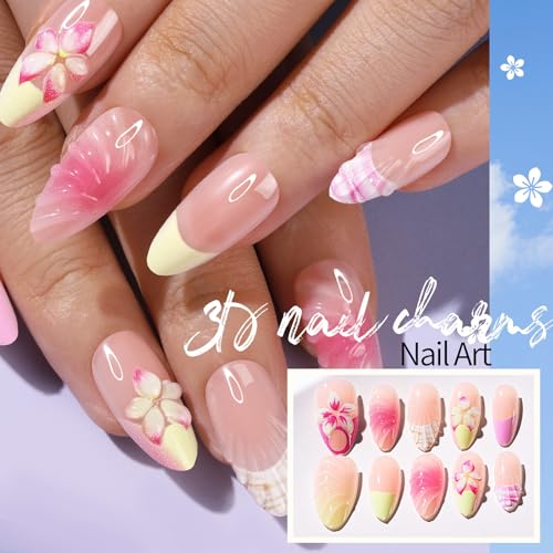 FANDAMEI Press on Nails, 4 Styles 120PCS 3D Flower Press on Nails Short Almond Fake Nails, Medium Almond 3D False Nails, Flower Butterfly Spring Summer Nails for Women