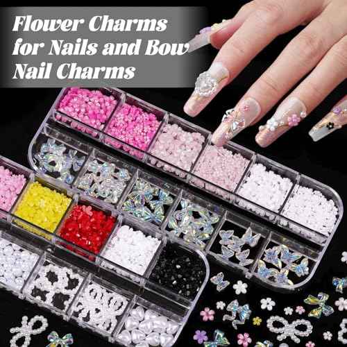 Nail Charms and Gems, Charms for Nails Design Kit with 10 Boxes 3D Nail Charms Colorful Clear Flatback Rhinestones Pearls,Diamonds,Picker Tools,Rhinestone Stickers