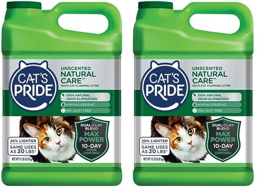 Cat's Pride Max Power: Natural Care - Up to 10 Days of Powerful Odor Control - 100% Natural Odor Elimination - Hypoallergenic - 99% Dust Free - Multi-Cat Clumping Litter, Unscented, 15 Pounds