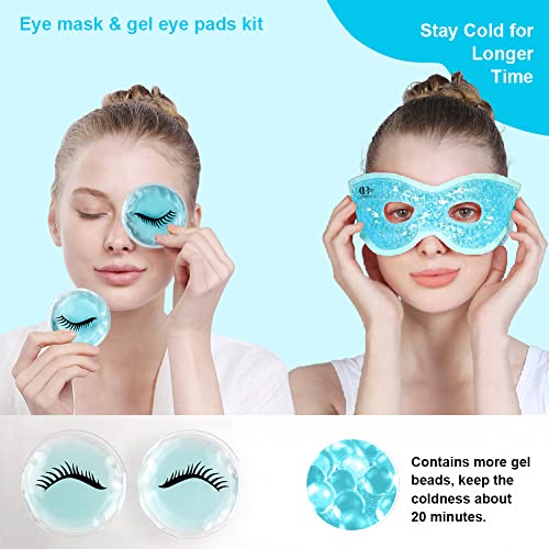 Gel Eye Mask with Eye Holes, with 2 Cooling Eye Pads, Reusable Hot Cold Therapy Cooling Eye Mask for Puffiness/Dark Circles/Eye Bags/Dry Eyes/Headaches/Migraines/Stress Relief, Cold Eye Mask