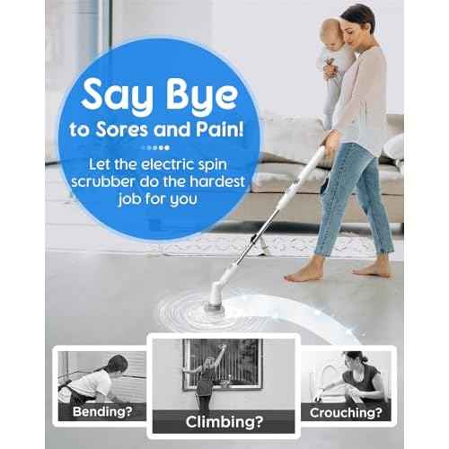 Electric Spin Scrubber with Big Display, Fast Charging Cordless Cleaning Brush with Adjustable Long Handle, 2 Speeds & 4 Replaceable Brush Heads, 1.5H Runtime Shower Scrubber for Deep Cleaning