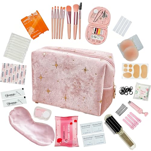 FUNWOOD Wedding Day Emergency Kit for Bride—Pink 70Pcs Velvet Makeup Bag & Essentials