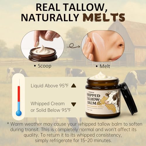 Whipped Tallow Balm for Face ? 100% Grass-Fed Organic Beef Tallow Cream with Manuka Honey & Beeswax ? Body & Face Moisturizer for Sensitive Skin, Nourishing & Repairing, 4.2 oz