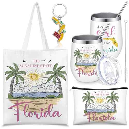 Paterr 4 Pcs City Souvenirs Gifts Texas Canvas Bag California Makeup Bag Italy 12oz Stainless Steel Tumbler with Lid Florida Keychain Travel Lover Gifts Souvenirs for Women Men (Florida)