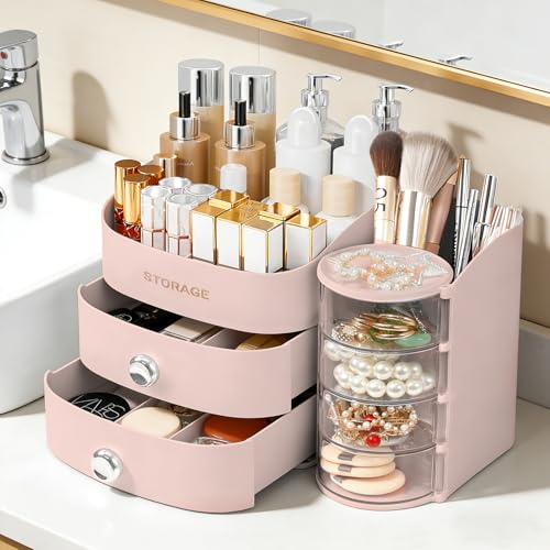 XIAPIA Compact Makeup Organizer with Drawers for Vanity & Skincare - Pink