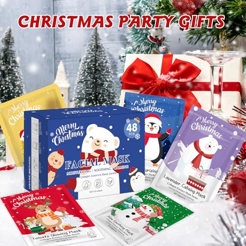 48 Pack Christmas Facial Masks for Stocking Stuffers, Bulk Moisturizing Facial Masks Set for Women Skin Care, Sheet Face Masks Skincare, Cute Christmas Gifts for Women
