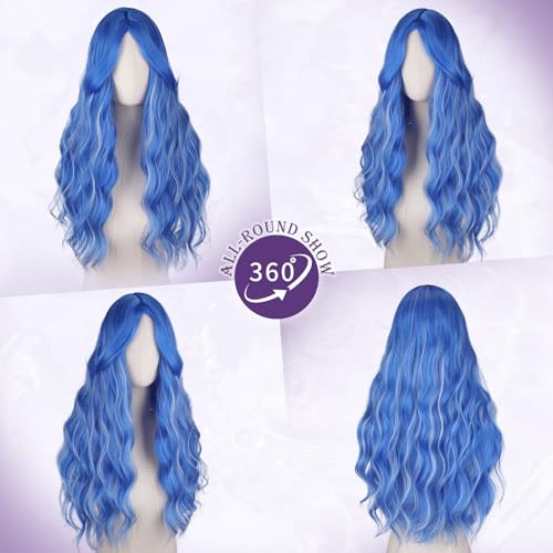 Blue Wavy Wig with Curtain Bangs - 26 Inch Synthetic Hair