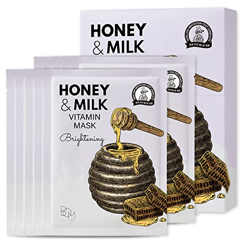 BOM COSMETICS Honey & Milk Vitamin Mask 10ea 0.84 oz Deep Hydration, Sensitive Skin Friendly Hypoallergenic Sheet Mask With Honey & Milk Extract & 13 Vitamins, Korean Skincare Face Mask