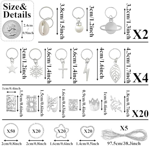 Fscwlmon Silver Hair Charms for Braids Dreadlocks - 260 pcs Hair Jewelry Kit