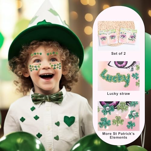St. Patrick's Day Face Stickers - Green Shamrock Gems 2 Pack
