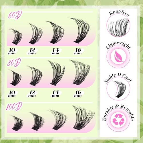 D-Curly Cluster Eyelash Extensions 480Pcs Volume Lash Extensions DIY Eyelash Extensions for Beginners Wispy Eyelash Clusters Natural Full Thick Individual Lashes Clusters (60D 80D 100D Mixed, 10-16MM)