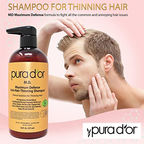 PURA D'OR MD Anti-Hair Thinning Shampoo w/ 0.5% Coal Tar, Biotin Shampoo (16oz) 19+ DHT Herbal Blend for Dry & Itchy Scalp, No Sulfates, For Men & Women (Packaging Varies)