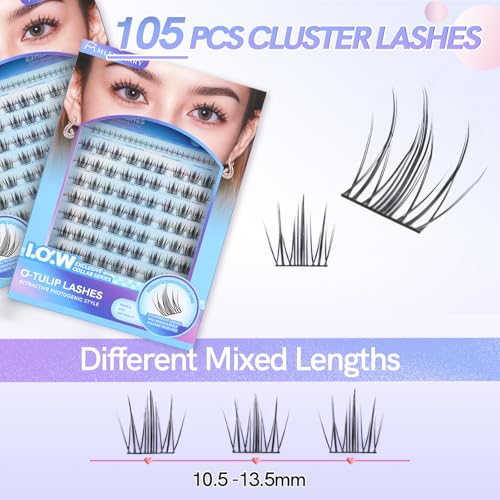MLEN DIARY Lash Clusters Kit 105Pcs Natural Wispy Cluster Lashes 10.5-13.5MM C Curl Eyelash Extensions Individual Lashes Kit with Lash Bond and Remover Tweezers Beginners DIY at Home