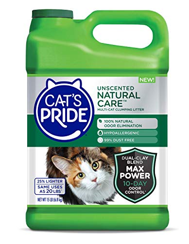 Cat's Pride Max Power: Natural Care - Up to 10 Days of Powerful Odor Control - 100% Natural Odor Elimination - Hypoallergenic - 99% Dust Free - Multi-Cat Clumping Litter, Unscented, 15 Pounds