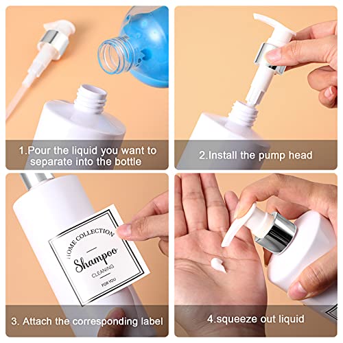 3 Pieces 16oz Pump Bottle Set Shampoo and Conditioner Bottle Plastic Refillable Soap Dispenser Shower Dispenser with 6 Label Sticker for Lotion Body Massage (Silver and White)