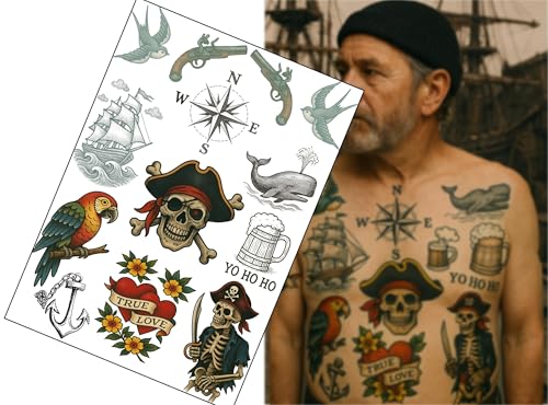 Pirate Sailor Fake Tattoos – A4 Sheet – Vintage Nautical Transfers