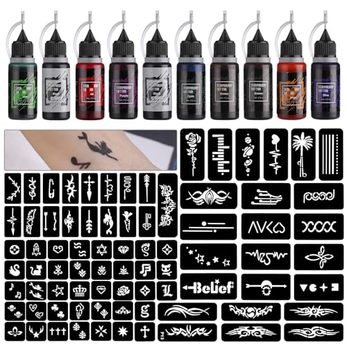 STIGMA Temporary Tattoo Kit - 10 Color Inks & 84 Stencils