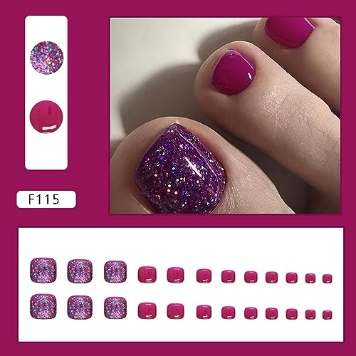 Sparkly Press on Toenails Purple Square Fake Toenails with Glitter French Fake Nails Acrylic Toe Nails for Women Glossy Toe Nail Tips Glue on ToeNails 24pcs