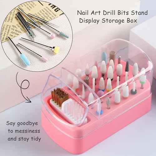 Nail Bit Holder & Nail Drill Bit Cleaner 2 in 1, 30 Holes Nail Drill Holder Organizer Nail Bit Brush Cleaner Drill Bit Holder for Nails Dustproof Stand Displayer Storage Box Tools