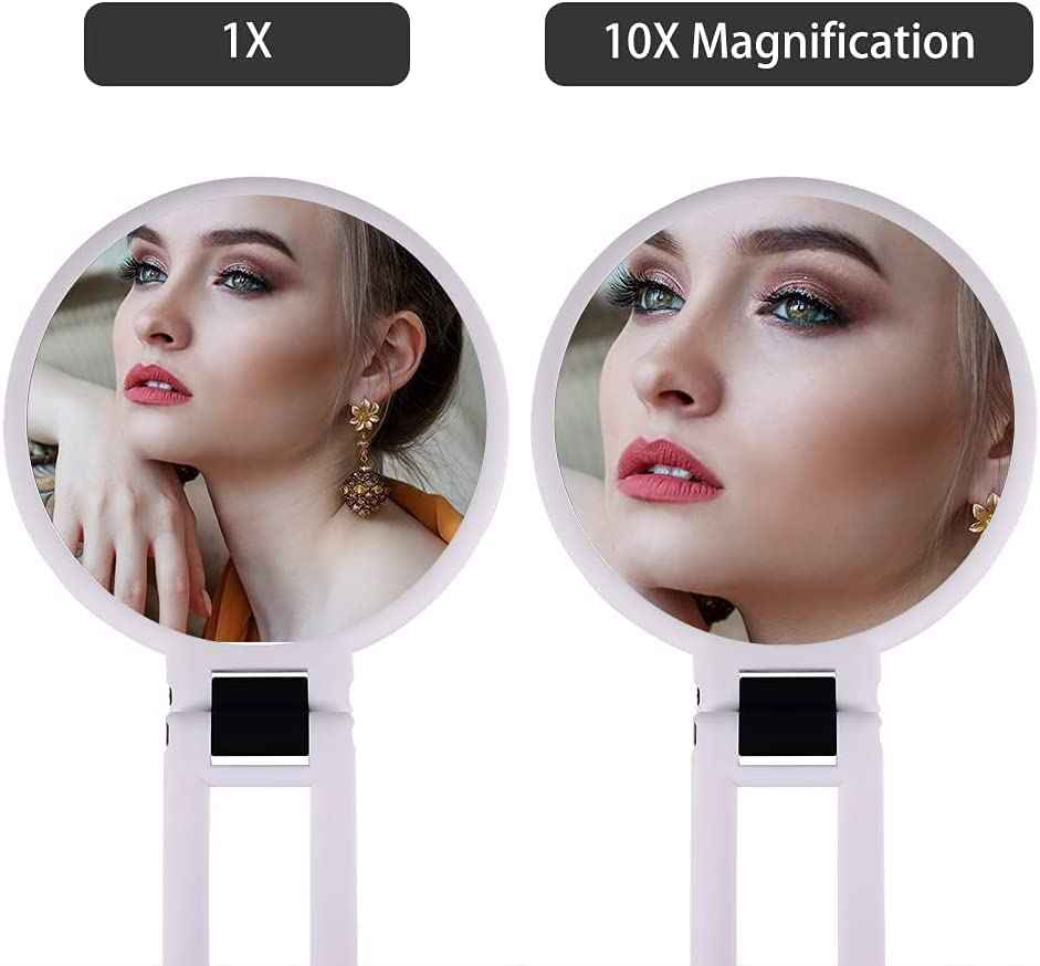 LOTIKO 1x 10x Magnifying Handheld Mirror,Travel Folding Hand Held Mirror,Double Sided Pedestal Magnification and True Image Makeup Mirror, Portable Vanity Cosmetic for Women （Pink）