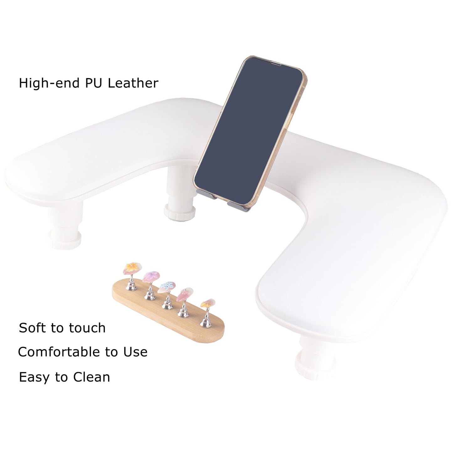 Manicure Arm Rest with Rotating Phone Holder for Nails Tech, U - Shaped Adjustable Nail Hand Rest Stand PU Leather (White)