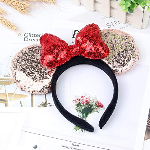 A Miaow 3D Black Mouse Sequin Ears Headband MM Glitter Butterfly Hair Clasp Park Supply Adults Women Photo Accessory (Champagne and Red)