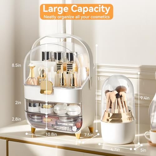 Large Capacity Makeup Organizer with Brush Holder & 2 Drawers - Rose Gold