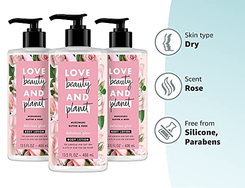 Love Beauty and Planet Delicious Glow Body Lotion for Soft, Glowing Skin Murumuru Butter & Rose Natural Ingredients, Plant-Based Moisturizers, Vegan, Cruelty-Free, 13.5 Ounce (Pack of 3)