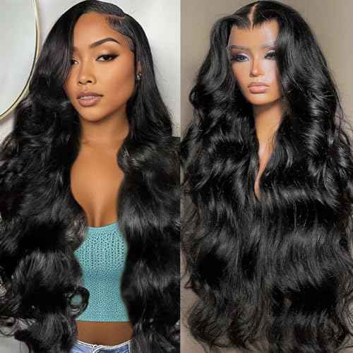Azkiu 13x6 Lace Front Wigs Human Hair 200 Density Body Wave Lace Front Wigs Human Brazilian Natural Black HD Lace Frontal Wigs Human Pre Plucked with Baby Hair for Women 22Inch