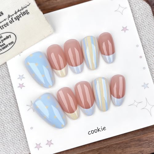 Short Almond Press On Nails - French Tip & Polka Dot Design, 30Pcs