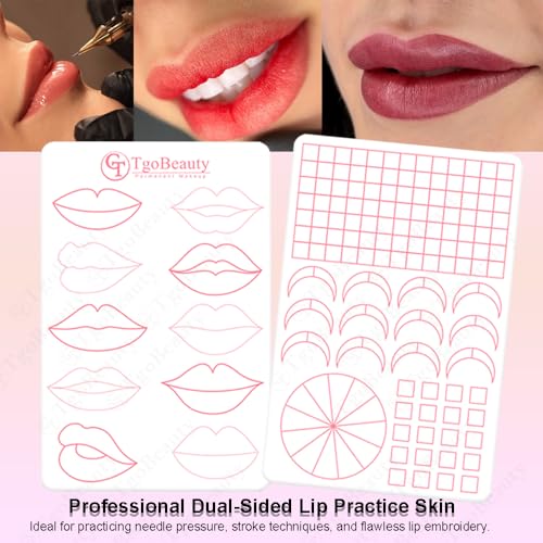 Double-Sided Lip Tattoo Practice Skin 10 Different Lip Designs Silicone Lip Practice Sheet for PMU Artists & Beginners (4pcs White Pad with Pink Outline)