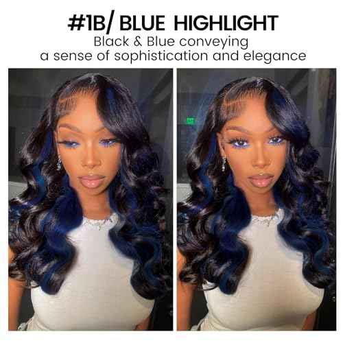 ALHER Midnight Blue 3 Bundles with 4x4 HD Lace Closure Human Hair 16 18 20+16 Inch, Body Wave #F1B/BlueBlack Roots to Blue Colored Bundle Wavy 100% Remy Hair Bundles with Closure Free Part