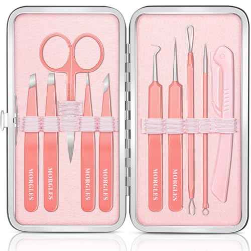 Ingrown Hair Tweezers and Pimple Popper Tool Kit, Pink Blackhead Remover Tools, Pimple Extractor Pore Extractor Eyebrow Razor, Scissor in Leather Travel Case