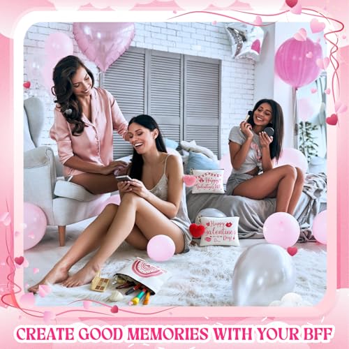 Landical 12 Sets Galentine's Day Makeup Bags Gifts Bulk for Woman Valentine's Day Canvas Bags with Zipper Pink Plush Heart Keychains Galentines Party Favors Supplies for Friends Besties Ladies