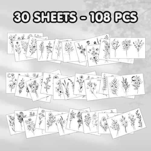 Black Floral Temporary Tattoos - 108 Designs, 30 Sheets